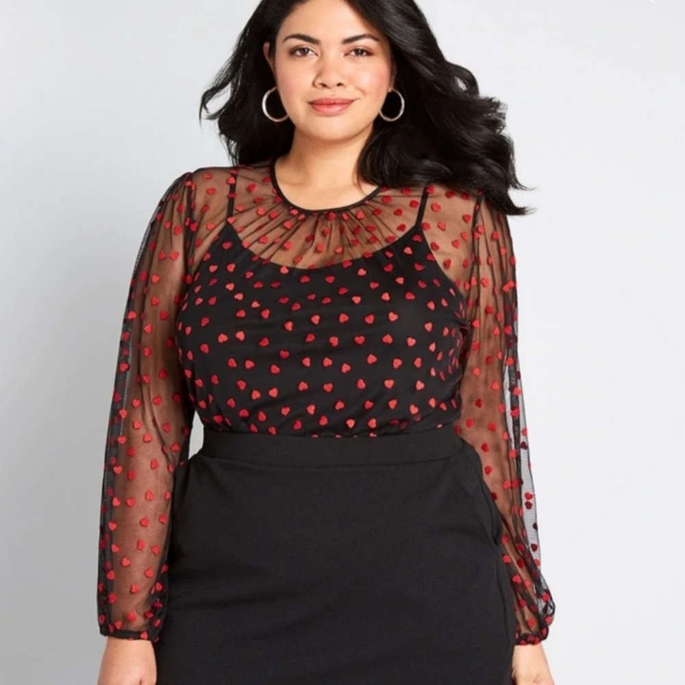 Modcloth Black and Red Heart Mesh Top